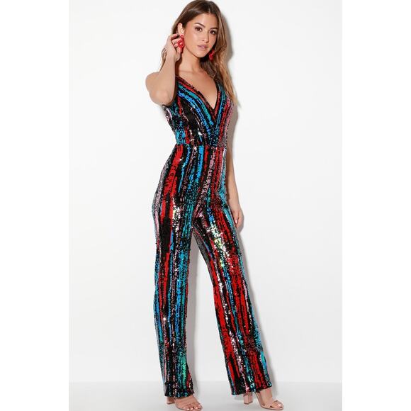 DRESS THE POPULATION Charlie Sequin Jumpsuit XS Pink Magenta Sleeveless NWOT - Picture 4 of 10